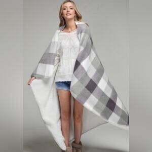 Plush Plaid Sherpa Throw Blanket -Gray New